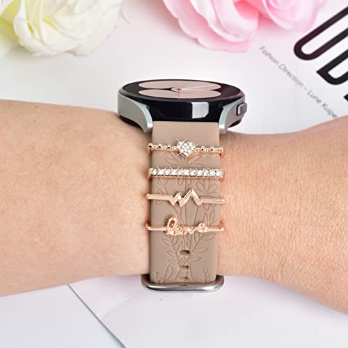 ORATYFAN Bands for Samsung Galaxy Watch 7/6/5/4/FE Band 40mm 44mm with Charms, 20mm Women Flower Engraved Silicone Replacement Strap for Galaxy Watch 5 Pro/Watch 3/Galaxy Active 2/Watch 4 Classic - image 4