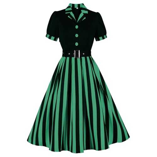 Image of ODIZLI Women's 1950s Retro Dress Short Sleeve Notched Lapel Polka Dot Stripe Swing Dress with Belt Cocktail Dress