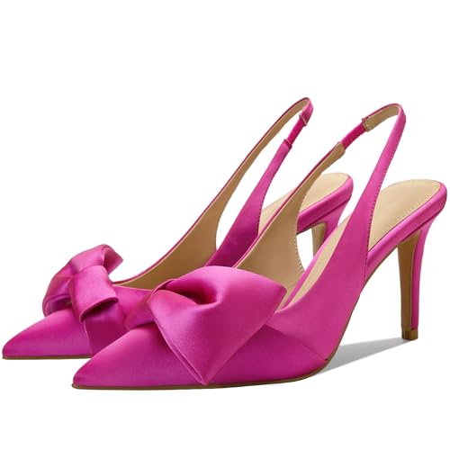 Image of Women's Slingback Heels with Bow Pointed Toe Pumps with Elasticated Strap 3.3 inch High Heels for Evening Dress Shoes