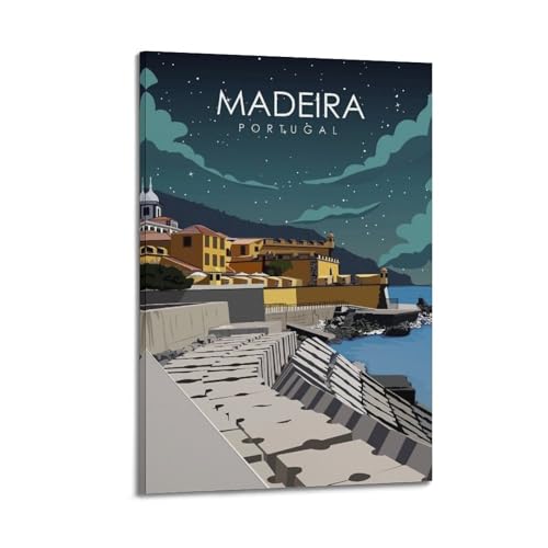 Poster paysage Portugal Madère de nuit sur toile 30x45cm avec cadre pour décoration de chambre
