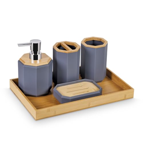 Image of Freelance Portofino ABS Bathroom Accessories Set of 5, Cappuccino - Liquid Handwash Soap Dispenser, Brush /Toothbrush Holder, Tumbler, Dish, Tray - Plastic Set for Wash Basin - Stronger Than Ceramic