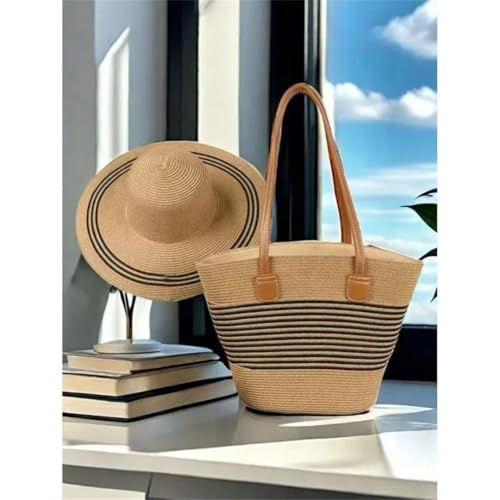 Women's Trendy Straw Woven Hat And Bag Set Wide Brim Face Slimming Tote For Travel Beach Essentials2