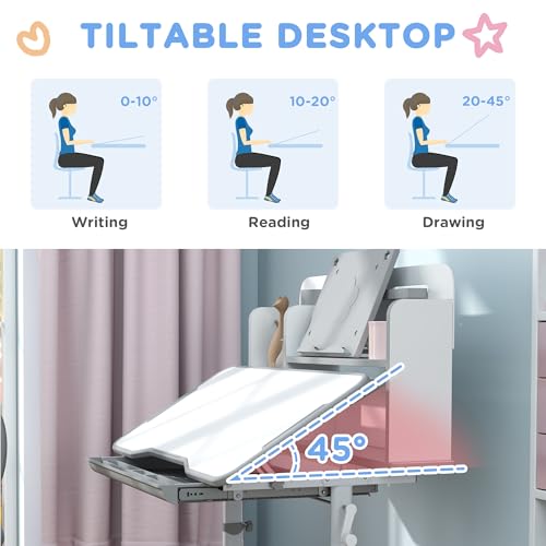 Qaba-Kids-Desk-and-Chair-Set-Height-Adjustable-Kids-School-Study-Desk-and-Chair-Set-with-Tilt-Desktop-Storage-Drawer-and-Reading-Rack-for-Writing-Reading-and-Drawing-Gray Qaba Kids Desk and Chair Set Height Adjustable Kids School Study Desk and Chair Set with Tilt Desktop Storage Drawer and Reading Rack for Writing Reading and Drawing Gray