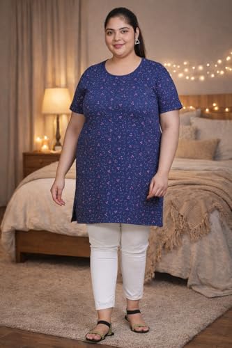 Image of RYSH Women's All-Over Printed Cotton Plus Size Longline T-Shirt with Pockets