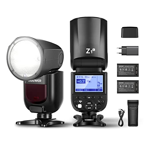 NEEWER Z1-C TTL Flash Speedlite Rotondo per Fotocamere Canon, 76W 2,4G 1/8000s HSS, Lampadina Pilota, 2pz Batteria a Litio 2600mAh, Caricatore USB, 480 Lampi Flash a Potenza Piena, Ricarica in 1,5s