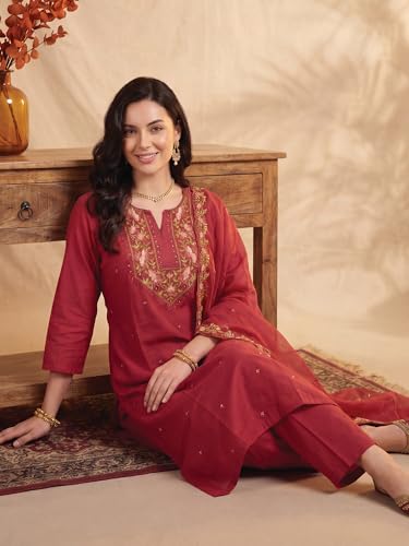 Image of INDO ERA Women's Silk Blend Floral Embroidered Thread Work Kurta & Pant with Dupatta Set