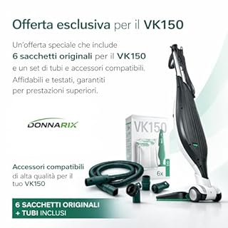 DONNARIX Aspirapolvere Folletto VK150 Nuovo con HD50 + 6 Sacchetti COMPATIBILI + Tubi Con Vari Accessori - Filtro Alta Capacità, Silenzioso, Casa Pulita e Aria Sana