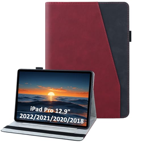 laddutoi Cover per iPad Pro 12.9 2022/2021/2020/2018 (6a/5a/4a/3a Gen), Custodia in PU Pelle, Supporto Stand, Fessura e Slot per Carte, Flip Folio Tablet Cover iPad Pro 12.9, Rosso