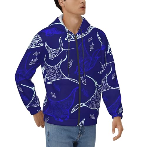 Pull doux raie manta avec capuche, sweat homme imprimé poisson confortable et chaud