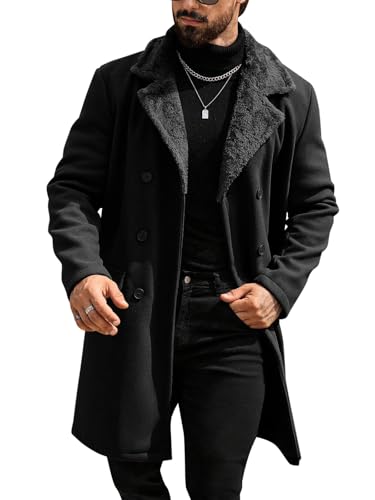 Runcati Mens Trench Coat Double Breasted Notched Collar Fleece Jacket Slim Fit Fall Winter Fuzzy Pea Coats Warm Overcoat