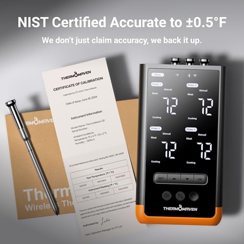 Wireless Bluetooth Smart Meat Thermometer: Standalone Base, WiFi Thermometer with Sub-1G, 6 Sensors NIST Certified Accuracy, 4 Probes, for Kitchen, BBQ, Grill, Oven, Smoker, Rotisserie