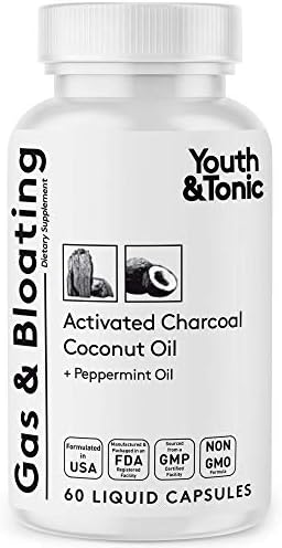 Activated Charcoal Pills for Bloating and Gas Relief w/ Peppermint & Organic Coconut Oil | Active Charcoal Powder in Liquid Capsules for Stomach & Digestive System | Natural Detox for Men & Women