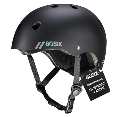 80SIX Hybrid Skaterhelm Fahrradhelm für Kinder Herren & Damen Skateboarding Helm mit verstellbarem EPS-Schutz für Fahrrad Scooter Longboard Motocross & BMX Multi-Sport Schwarz Matt S/M