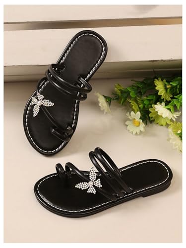 Image of GORGLITTER Girl's Strappy Leather Flats Sandal Cute Braided Dressy Toe Ring Slip on Slide Sandals