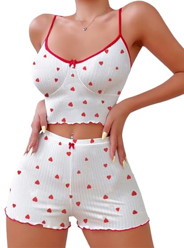 Image of Hilinker Womens Graphic Print Ribbed PJ Set Crop Cami Tops and Shorts Cute Pajamas Set