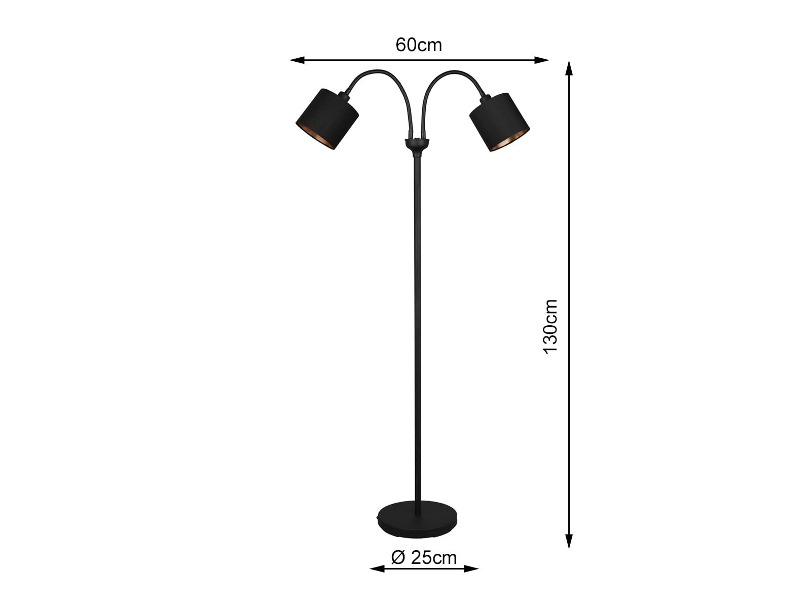 Kleine Stehleuchte 130cm 2-flammig mit Flexarmen, Stoffschirme Schwarz