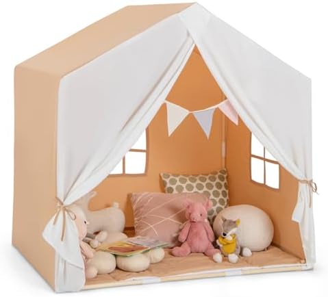 Home 41 Costzon Large Kids Tent with Mat, Children’s Play Tent w/Flag Banner, Windows, Gauze Curtain, Solid Wood Frame, Indoor Outdoor Kids Playhouse for Boys & Girls Age 3 + (Light Brown)