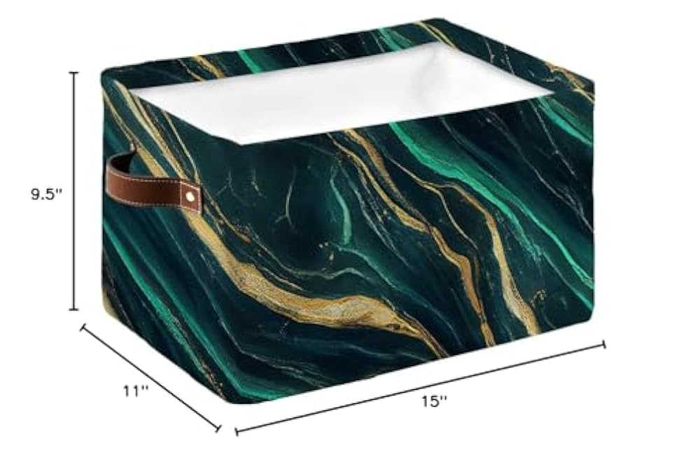 Marble Emerald Green Cube Storage Organizer Bins with Handles, 15x11x9.5 Inch Collapsible Canvas Cloth Fabric Storage Basket, Modern Abstract Gold Art Books Bin Boxes for Shelves, Closet