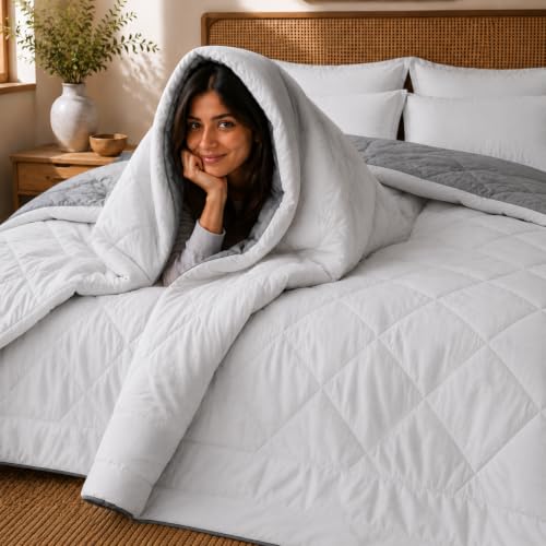 Image of King Size Comforter for Double Bed, 220 GSM Soft Microfiber AC Blanket, All Season Lightweight Reversible Bed Quilt, Premium Bedding, 90 x 100 Inch, Grey-Light Grey