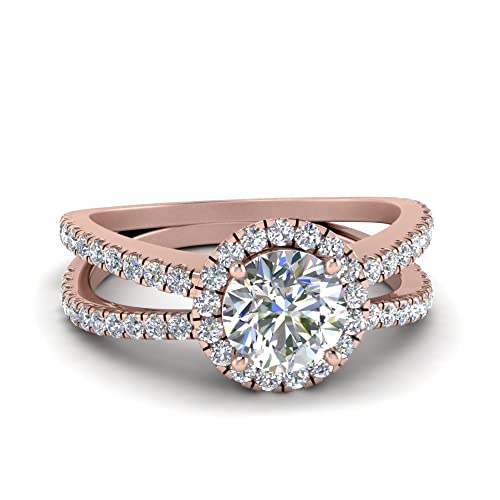 Image of 55Carat Choose Your Gemstone Reverse Split Shank Halo Diamond CZ Ring Rose Gold Plated Round Shape Halo Engagement Rings Matching Jewelry Wedding Jewelry Easy to Wear Gifts US Size 4 to 12