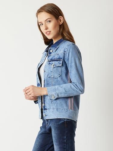 Image of Miss Chase Women's Polo Neck Full Sleeves Patch Pocket Denim Overcoat Knee-Length Jacket