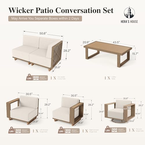 Image of HERA'S HOUSE Patio Sectional Furniture Set with Swivel Chairs, L Shape Modular Outdoor Conversation Set with 10 inch Thick Cushion, 5 Seats Yellow Rattan Wicker Sofa for Deck Yard Lawn