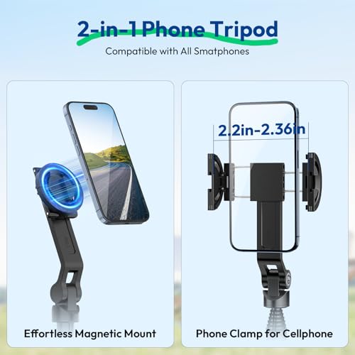 Image of ULANZI TT88 Magnetic Tripod for iPhone 17, 57 inch Extendable Selfie Stick w Remote, 2-in-1 Phone Clip & Dual Cold Shoe Mounts-Lightweight Phone Tripod Stand for Vlogging, Travel, Video Recording, Black