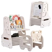 Tiita Kids Table and Chair Set, 3 in 1 Convertible Art Easel & Display Bookshelf w/Magnetic Painting Board, Bottom Storage Shelf, Standing Easel with Chairs, Grey
