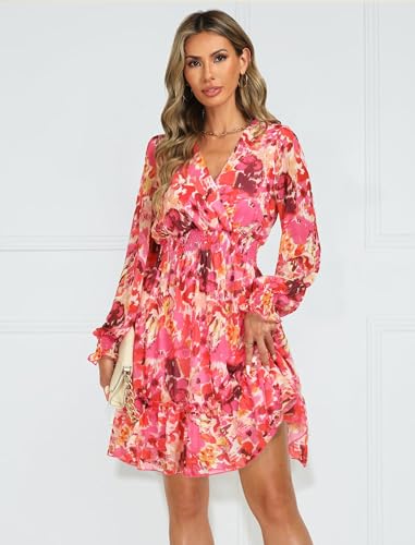Image of Prettywear Women's Chiffon Long Sleeve Wrap Neck Wedding Guest Mini Dress