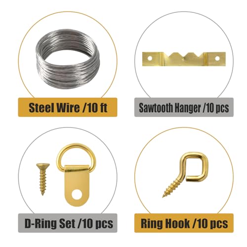 Image of 245 PCS Picture Hanging Kit, Picture Hangers Assorted Kit with Heavy Duty Wall Hooks, Sawtooth, Picture Wire, D Rings, Hardware Nails, Eye Hooks and Picture Hanging Tool for Frame Canvas Mounting