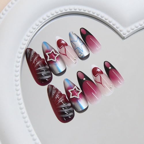 Image of Press on Nails Medium Almond Fake Nails Star Nail Press ons Ombre Glue on Nails Ripple False Nail with Metal Design Glossy Full Cover Artificial Acrylic Stick on Nail foe Women Girls Manicure 24Pcs