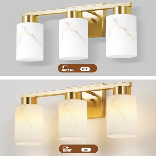 Image of 3-Light Bathroom Light Fixtures, Modern Vanity Lights, Gold Metal Wall Lamp with White Marble Glass for Bathroom, Mirror, Living Room, Bedroom, Cabinet, Porch, Hallway, E26 Base