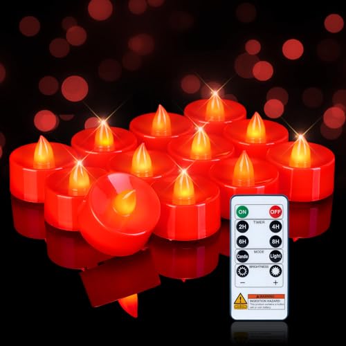 Image of Homemory 12-Pack Red Remote Flameless Battery Tea Light Candles, 400+ Hrs | 2 /4 /6 /8H Timer LED Flickering Tealight Votives for Christmas, Jack O Lanterns, Valentine's Day and Romantic Nights