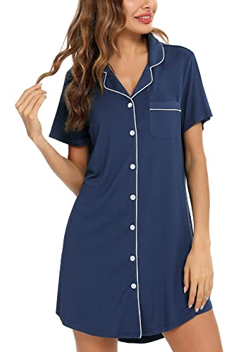 Image of Samring Pajama Nightgown for Women Short Sleeve Button Down Boyfriend Night Gown Nightdress Sleep Shirts