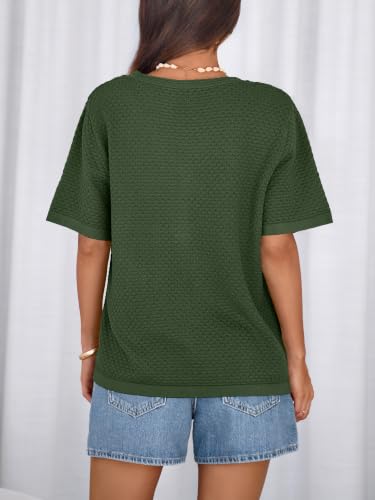 Image of NALANISA Women's Short Sleeve Sweater Spring Summer Crochet Knit Tops 2026 V Neck Striped Button Down Dressy Casual Blouses