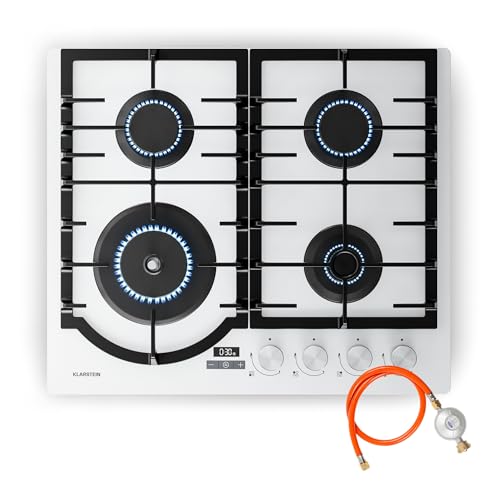 Klarstein Ignito Placa de Gas, 4 Quemadores Aluminio, 8000W, Temporizador, Control Preciso, Seguridad Antiflama, Encendido Eléctrico, 60x51cm, Encimera Gas, GLP/Natural, Blanco