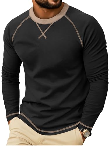 Askdeer Mens Cotton Shirts Long Sleeve Casual T-Shirts Crew Neck Soft Shirts Black