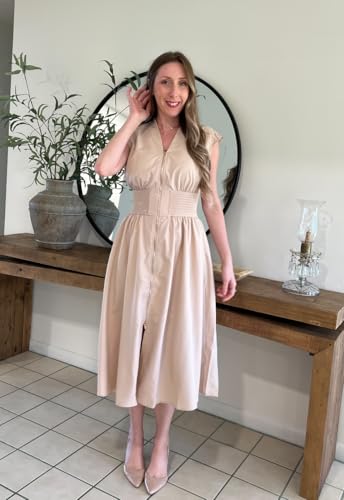 Image of GRACE KARIN Womens Summer Casual Dress, Business Office Work Dresses, Cap Sleeve Zipper Front Flowy Midi Dress with Pockets