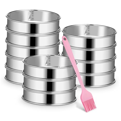 VALICLUD 1 Set Stainless Steel Muffin Crumpet Rings Round Baking Molds with Basting Brush for Cookies Cakes Pancakes and Omelettes Rolled Edge Design for Stable Baking