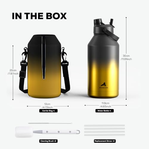 Image of POWCAN 64 oz Insulated Water Bottle for Men: Keep Cold 48H, Leakproof, 2-in-1 Straw & Spout Lid, Carrier Bag, Shoulder Strap, BPA-Free, Half Gallon Metal Water Jug for Camping, Hiking, Gym (King)