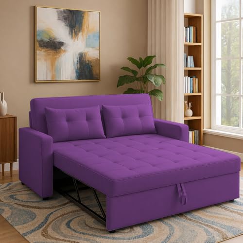 Image of Emilio 2-Seater Sofa Cum Bed for Living Room, Office & Home with Center Table | Premium Fabric Pull-Out Sofa Set with 1 Year Warranty | Space Saving Convertible Sleeper Sofa | Purple Colour