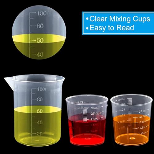 Measuring Cups Kit - 5 Pcs 30ml, 2 Pcs 100ml Plastic Measuring Cups, Paint Resin Mixing Cups, Medicine Graduated Measure Cups with 5 Pcs Mixing Sticks, 10 Pcs Finger Cots and 5 Pcs Transfer Pipettes