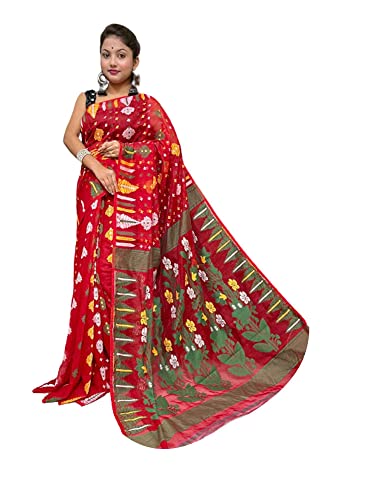 Sari Dhakai Jamdani de algodón indio multi hilo color rojo de 5.5 metros modelo 948d