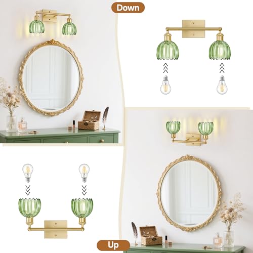 Image of Bathroom Lights Over Mirror,2-Light Vintage Vanity Light Fixtures,Retro Brass Bathroom Light, Flower Wall Sconce With Green Tulip Glass Shade For Bedroom, Living Room, Dressing Table, E26 Base