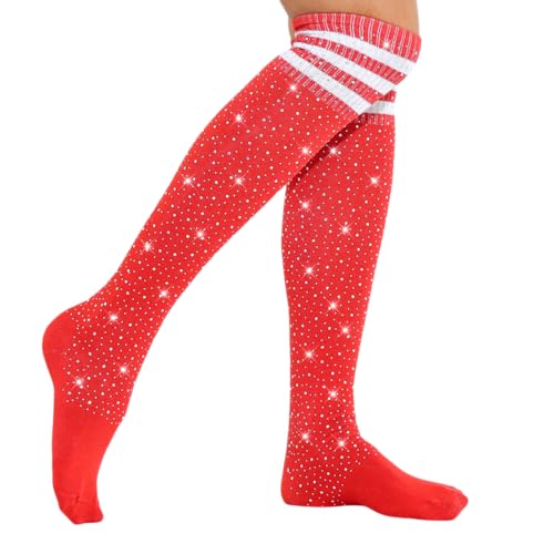 Image of Woman's Rhinestone Over Knee High Socks Stripe Knit Stockings Leg Warmers for Christmas Valentines day Events