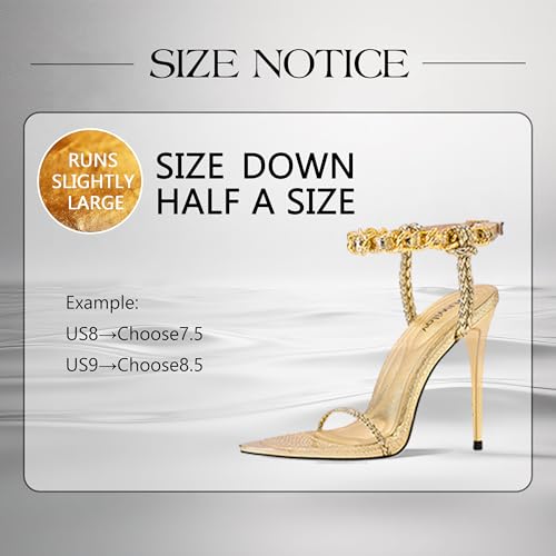 Image of Gold Strappy Stiletto Heels for Women Metallic Ankle Strap Open Toe High Heel Sandals Elegant Dress Shoes for Wedding Party Prom and Evening Events