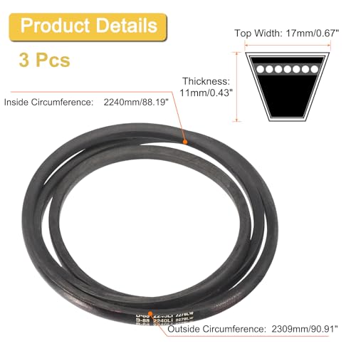 Image of uxcell 3 Pack B88 Classic Wrapped V-Belt, 91 inch Outside Circumference Wrapped Industrial Rubber V-Belt B Profile V-Belt for Industrial Machinery Equipment, Black