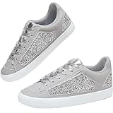 Obtaom Women Glitter Sneakers Sparkly Sequin Canvas Fashion Sneakers Comfortable Lace Up Shiny Bling Shoes for Wedding Party(Silver Glitter Canvas,US9)