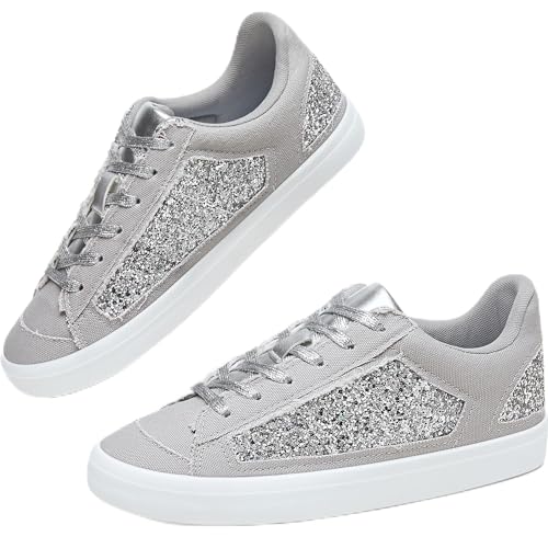 Obtaom Women Glitter Sneakers Sparkly Sequin Canvas Fashion Sneakers Comfortable Lace Up Shiny Bling Shoes for Wedding Party(Silver Glitter Canvas,US9)