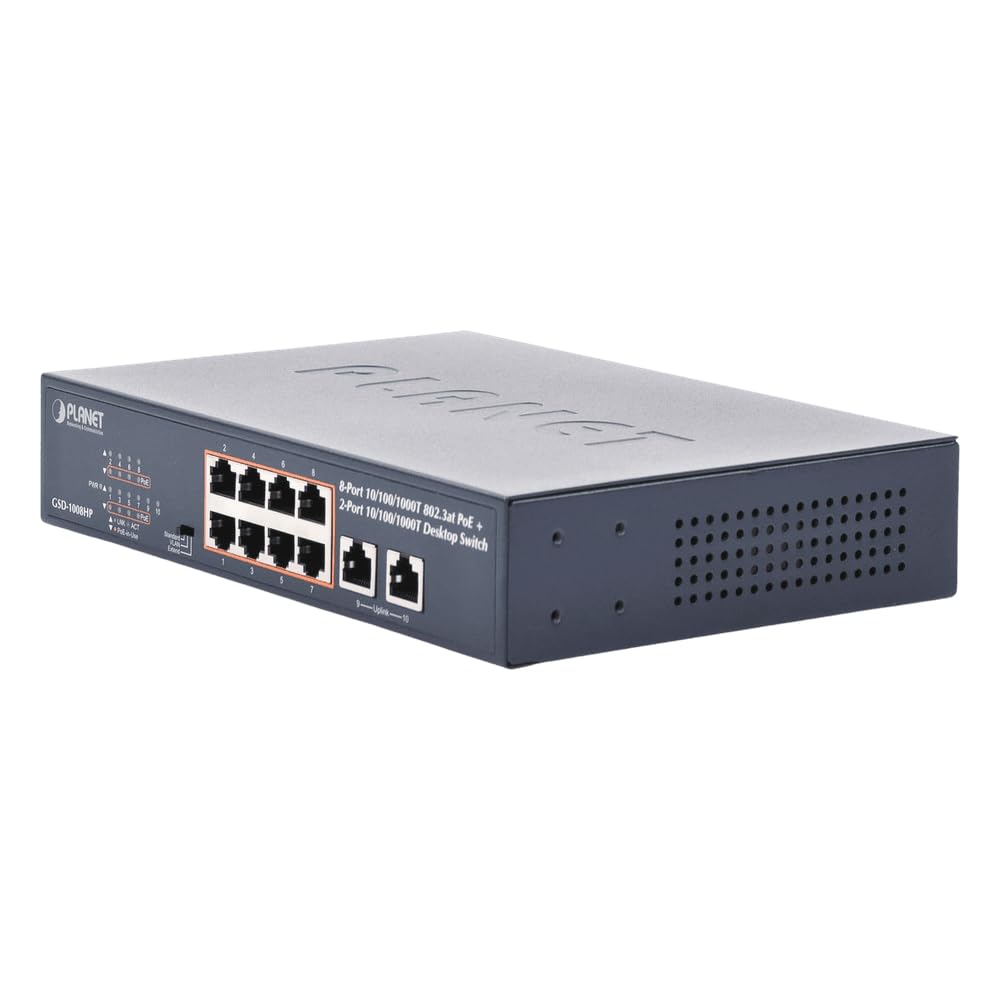 Planet 8-Port 10/100/1000T 802.3at PoE + 2-Port 10/100/1000T, GSD-1008HP (PoE + 2-Port 10/100/1000T Desktop Switch (120W PoE Budget, Standard/VLAN/Extend Mode, 10-inch and Rack-Mou)